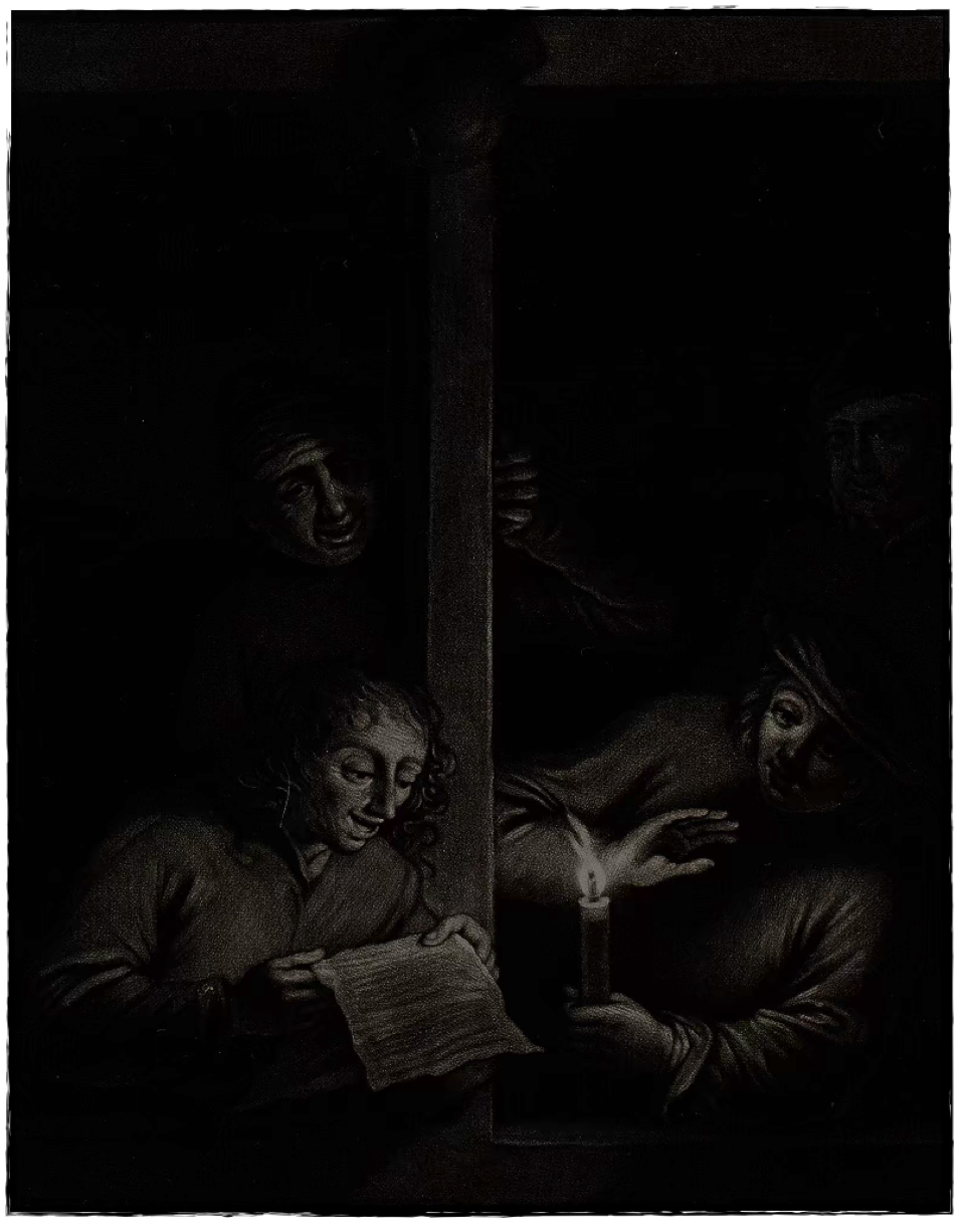 A mezzotint of figures gathered at a candlelit window